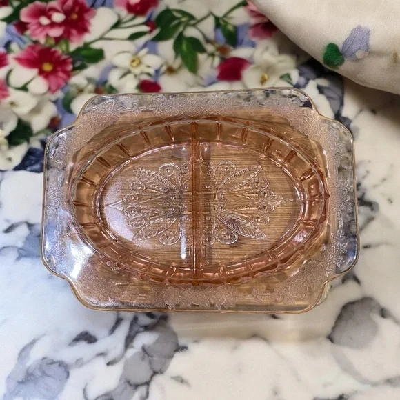 Vintage Jeanette Pink Depression Glass Adam Pattern Divided Relish Dish 8". - Picture 2 of 4